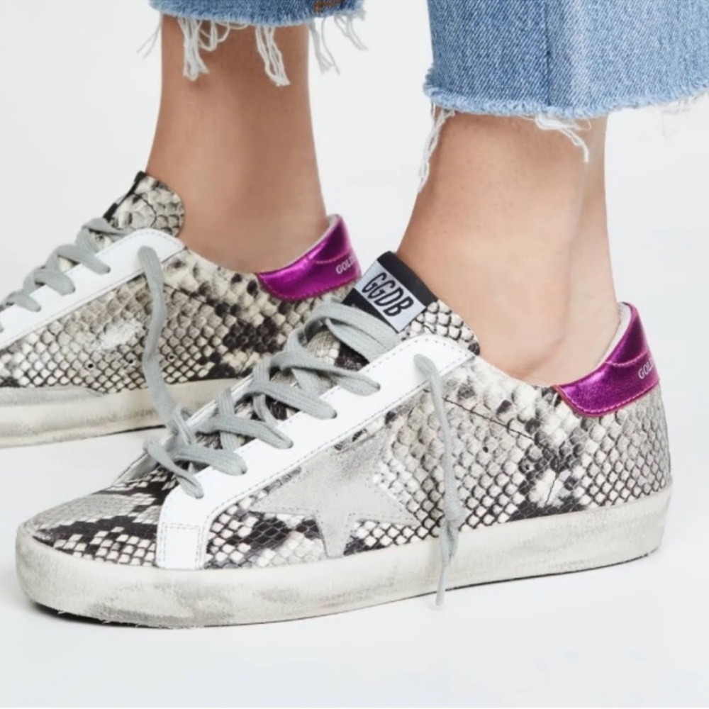 Golden Goose Snake Print Sneakers with Fuchsia heel Tab